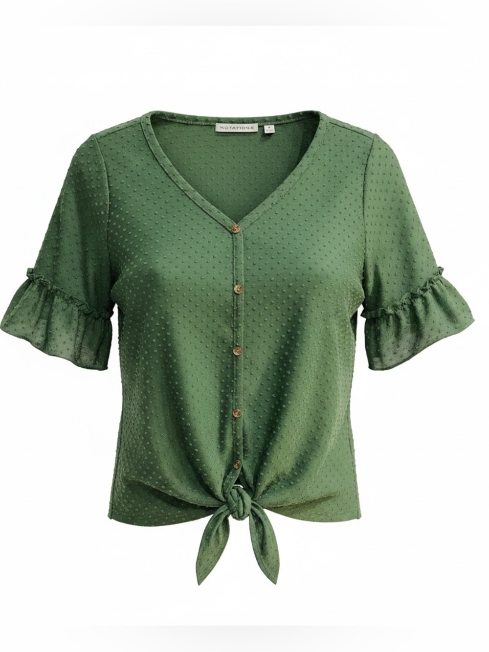 Notations Olive Green Tie-Front Button V-Neck Blouse